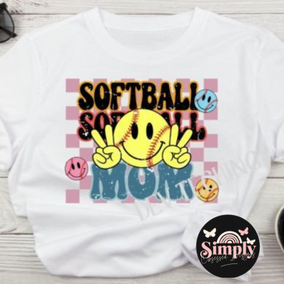 Softball Mom Checkered Retro Smile, Peace sign Tee