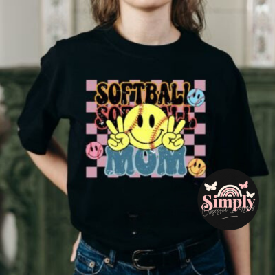 Softball Mom Checkered Retro Smile, Peace sign Tee