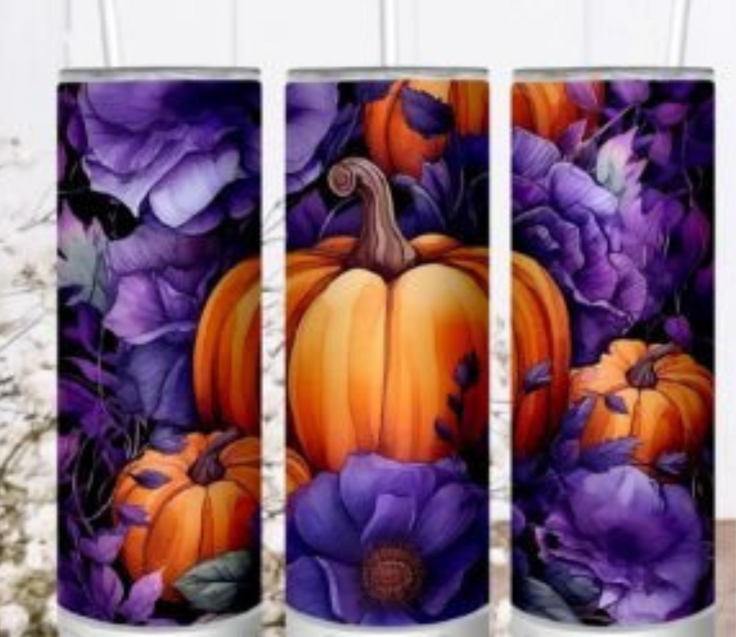 Pumpkins & purple flowers